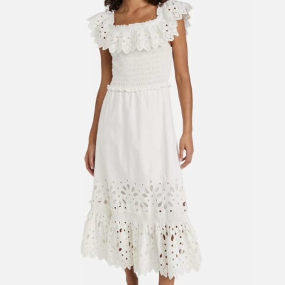 Sea New York Hazel Eyelet Smocked Ruffle Midi Dress White - Picture 1 of 6